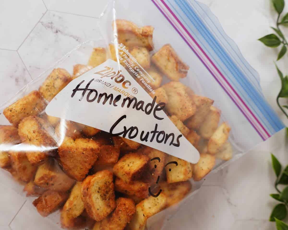 air fryer croutons in a ziploc bag