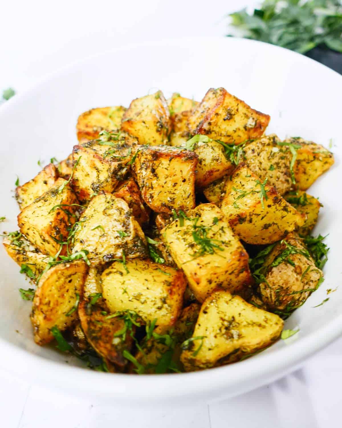 lemon dill potatoes served in a bowl