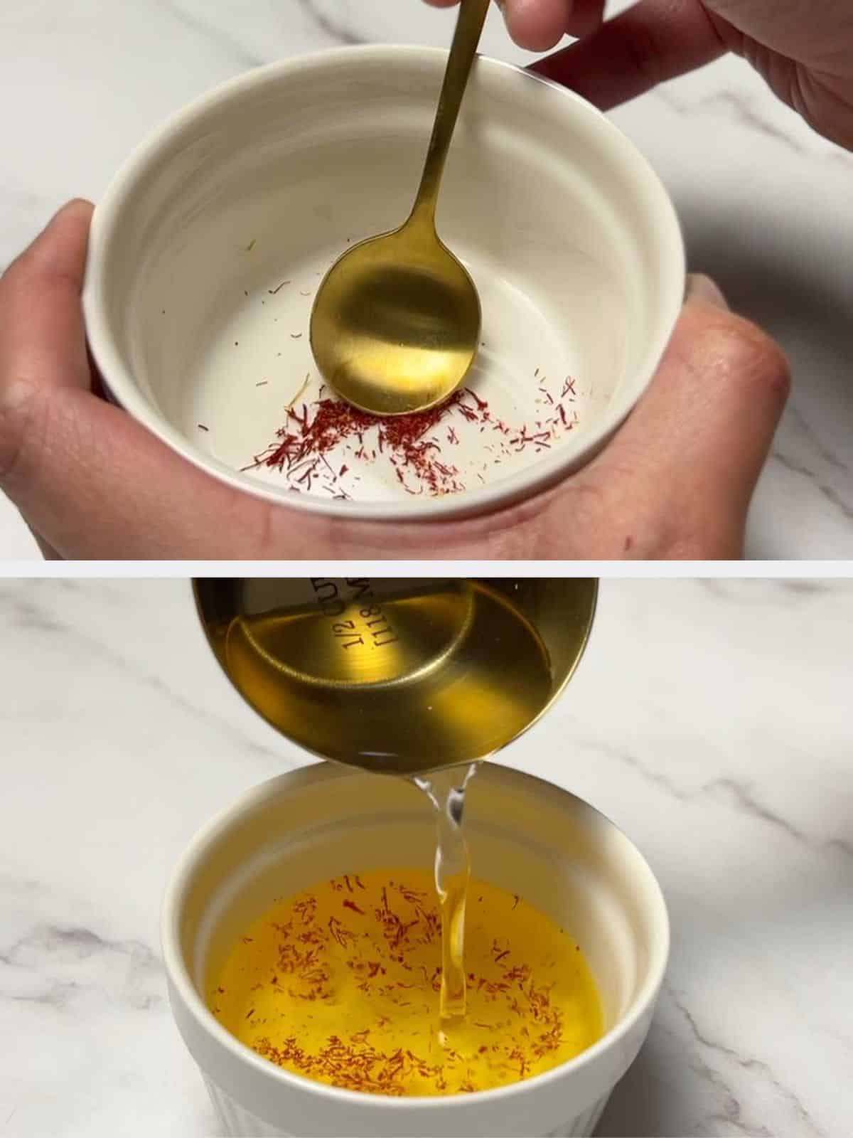 crushing saffron and adding water to it to make saffron water