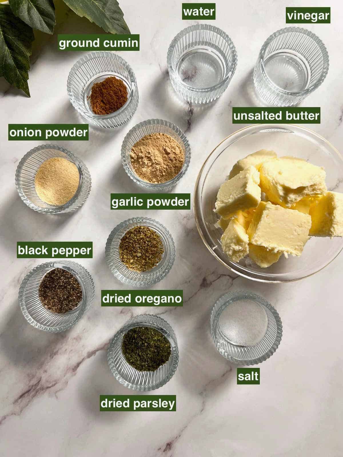 all the ingredients needed for making garlic butter with garlic powder