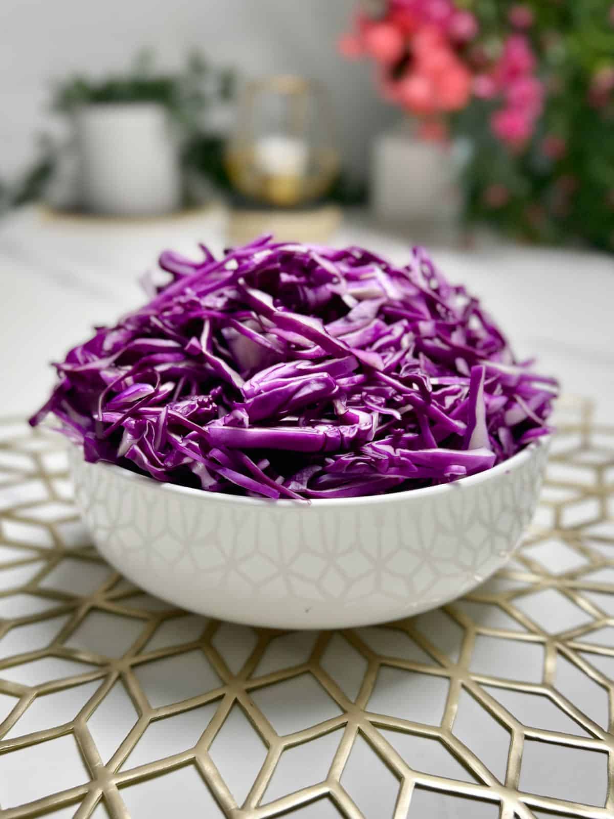shredded purple cabbage in a bowl