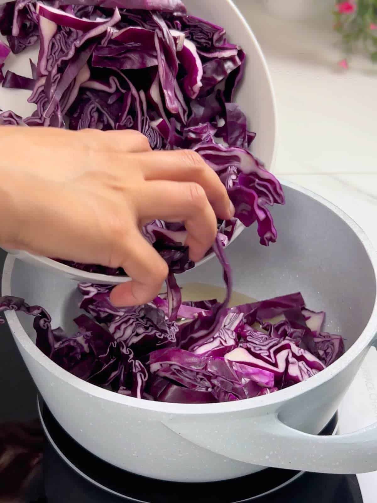 adding purple cabbage to a pot containing water