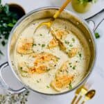 a skillet containing creamy truffle chicken