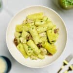 a plate of pesto chicken rigatoni pasta
