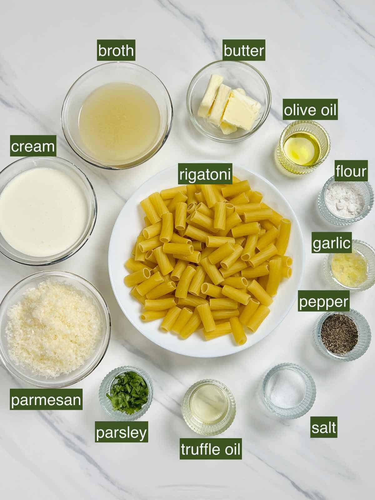 ingredients required for making this creamy truffle rigatoni