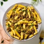 ground beef pesto pasta on a plate