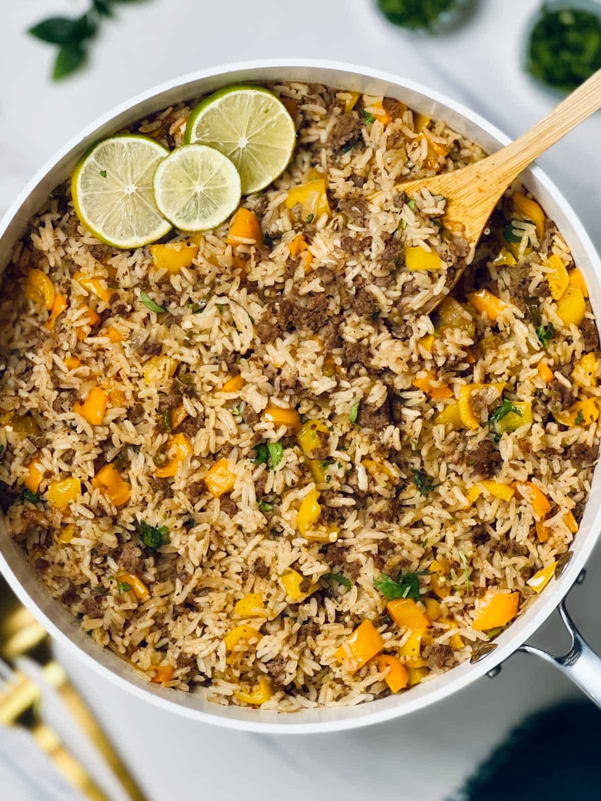 ground beef and rice skillet on a table