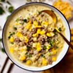 ground beef and corn soup in a bowl
