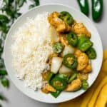 jalapeno chicken stir fry and rice on a plate