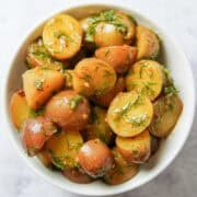 lemon dill potato salad in a bowl