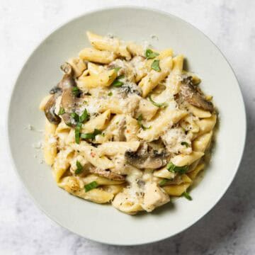 Chicken and mushroom pasta in a white bowl.