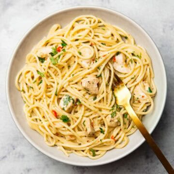 chili lime chicken pasta served on a plate
