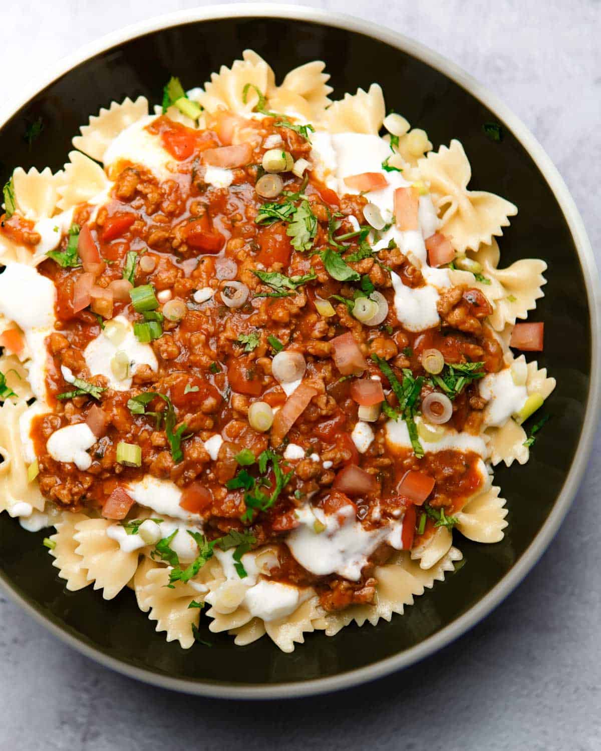 ground chicken taco pasta served on a plate
