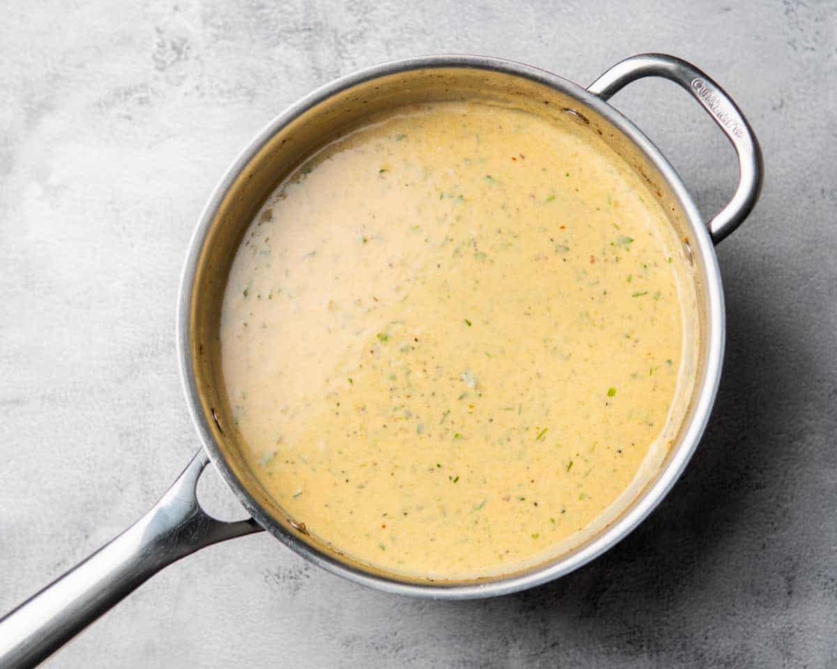 creamy lime and garlic sauce in a skillet
