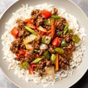 ground beef stir fry on a plate