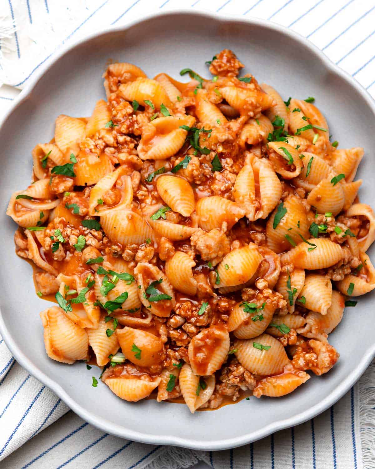 ground chicken pasta served on a plate
