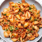 ground chicken pasta on a plate