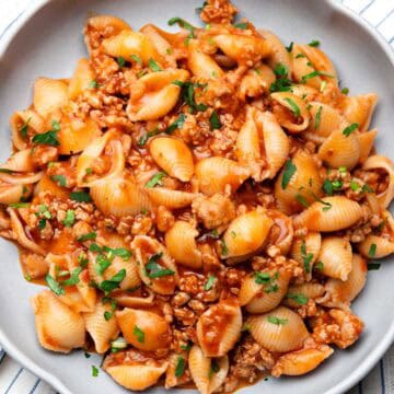 ground chicken pasta on a plate