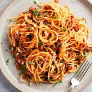 bolognese with spaghetti on a plate